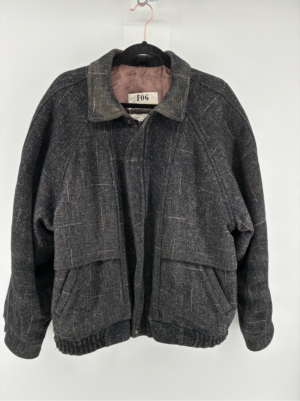 Vintage London Fog Dark Charcoal Wool Blend Bomber Jacket Made in Canada